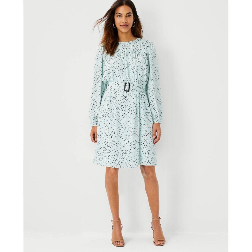 NEW XS Speckled Ann Taylor Flecked Belted Flare Dress Spring Dew Mint Green 0-2